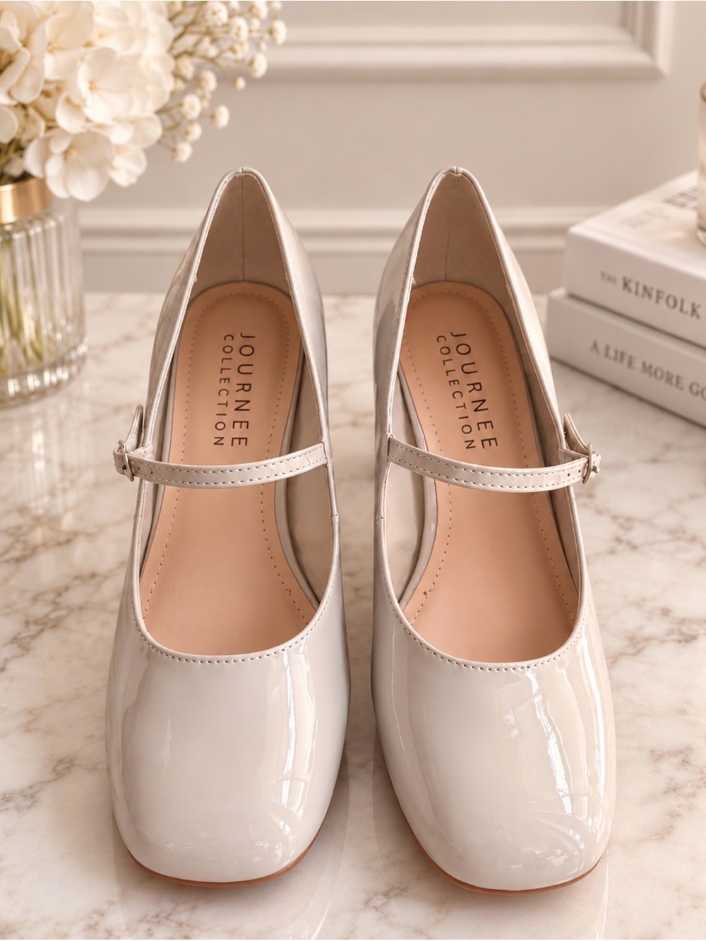 Journee Collection Glossy Patent Mary Jane Pumps in Light Beige